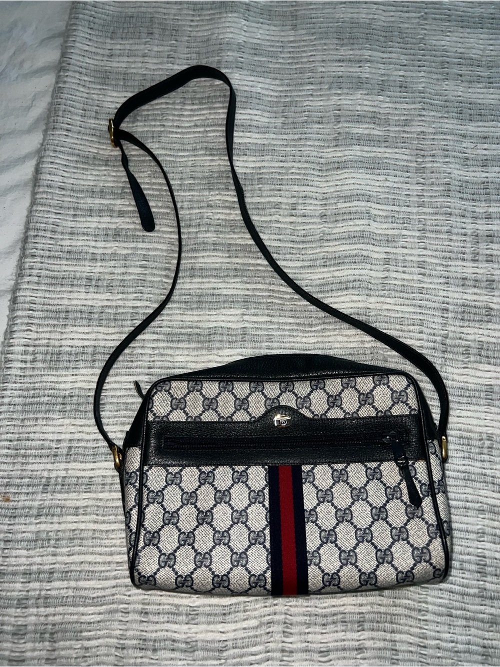 Gucci Blue/ Grey Sherri Canvas Crossbody with Red/Navy Web Stripe